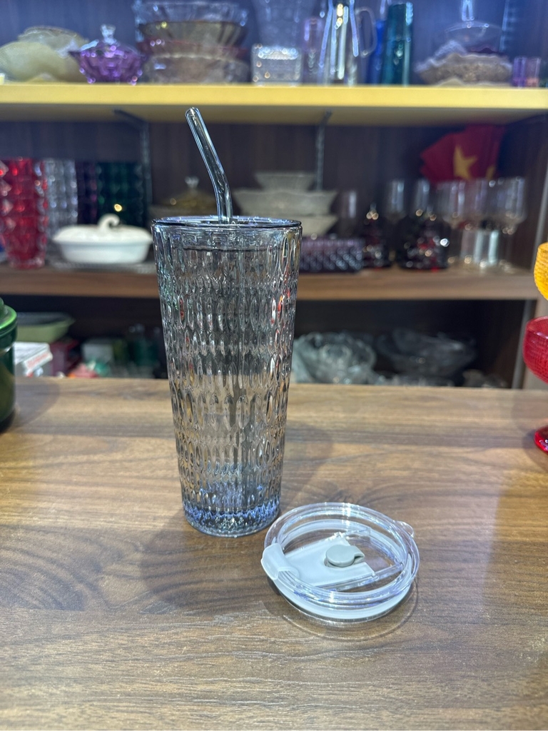 Cốc thủy tinh cao kèm ống hút Crista 500ml màu xám vân sọc (tặng nắp nhựa chống tràn)( tách) 60243-GR