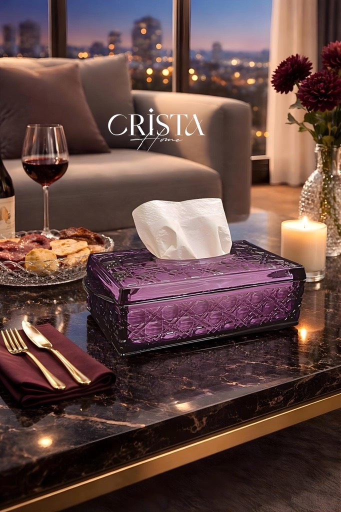 Hộp thuỷ tinh đựng giấy ăn vân pha lê nổi Crista Home màu tím (60231-PU)