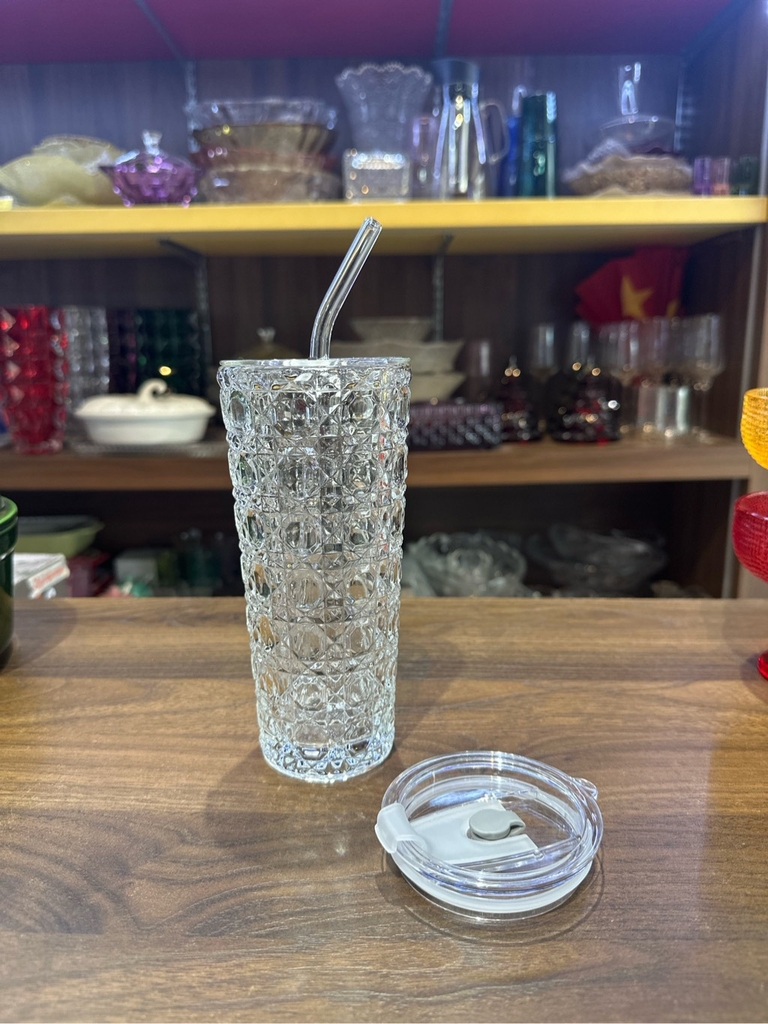 Cốc thủy tinh cao kèm ống hút Crista 500ml màu trắng (tặng nắp nhựa chống tràn)( tách) 60243-W