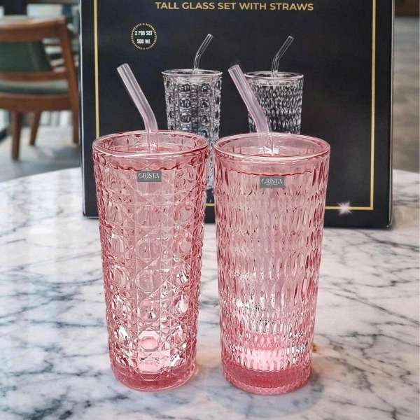 Bộ 2 cốc thủy tinh cao kèm ống hút Crista 500ml màu hồng (60243-P) (TẶNG 2 nắp nhựa chống tràn)
