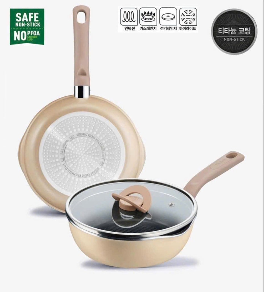 Chảo sâu lòng Tefal 22cm màu be hạt dẻ có nắp