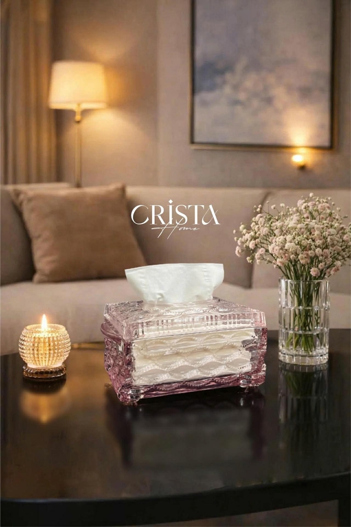 Hộp thủy tinh đựng giấy ăn vân sóng Crista Home màu hồng (60233-P)