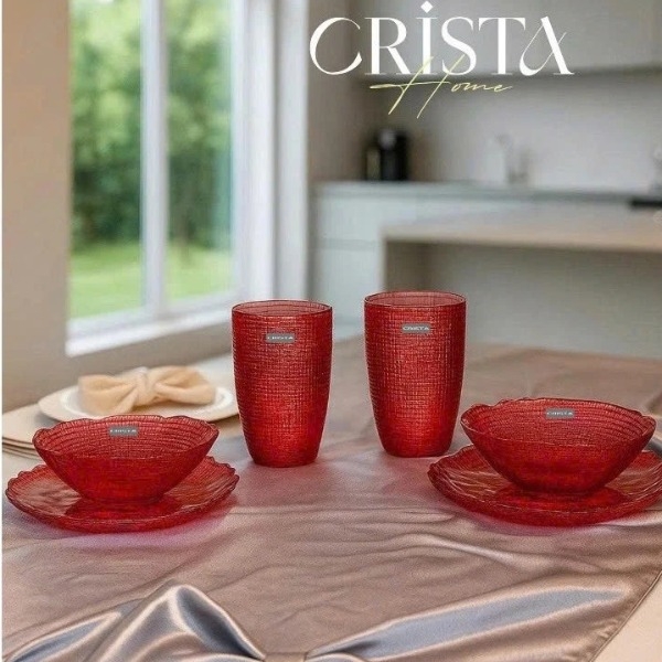 Bộ 6 món thuỷ tinh Crista Home vân lưới gồm 2 bát + 2 đĩa + 2 cốc đỏ (80054-R)