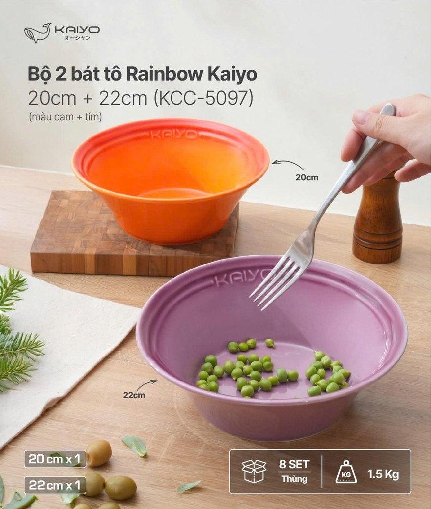Set 2 bát tô Rainbow Kaiyo 20, 22cm màu cam, tím (KCC-5097)