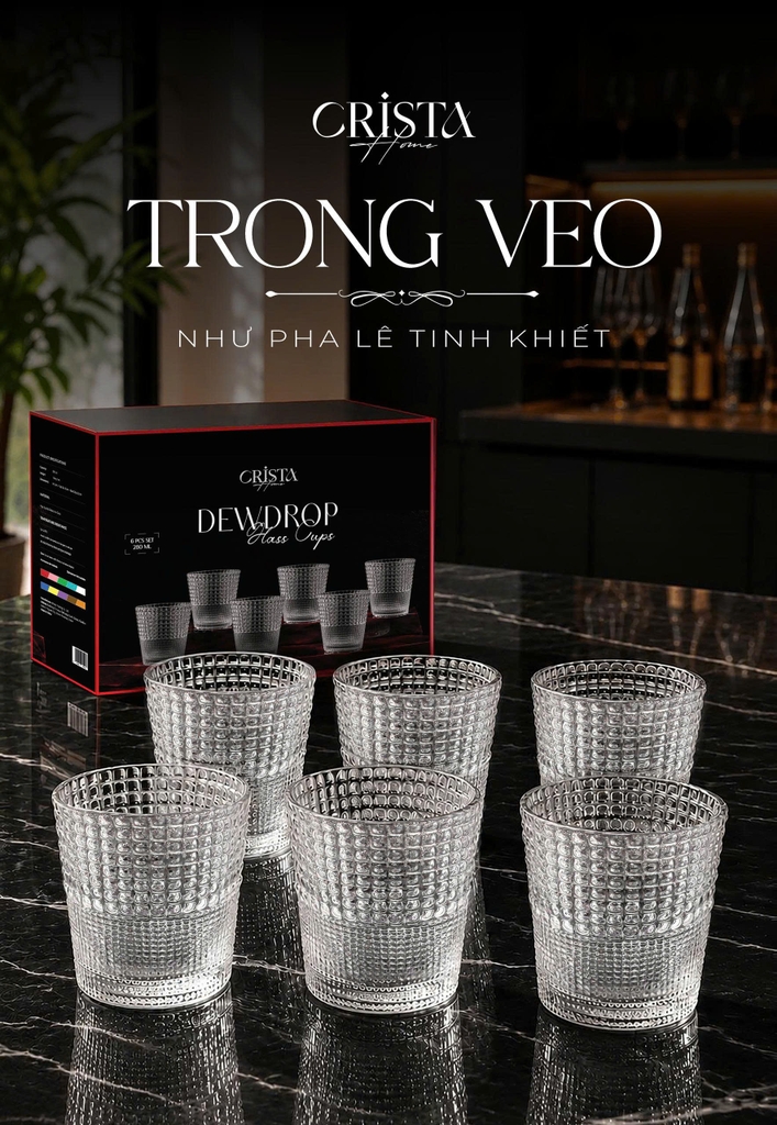 Bộ 6 cốc thủy tinh Crista Home vân hạt sương mai 280ml màu trắng (60301-W)