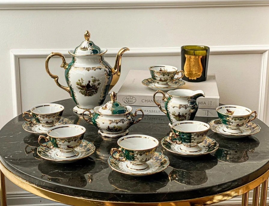 Bộ trà sứ Tiệp Royal Czech Porcelain hoạ tiết con thú xanh lá