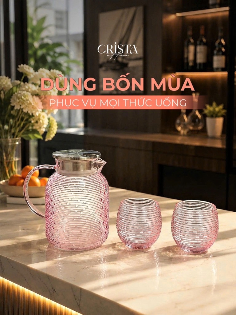 Bình thủy tinh họa tiết vân ngang 1.3L CRISTAHOME 60300-P màu hồng