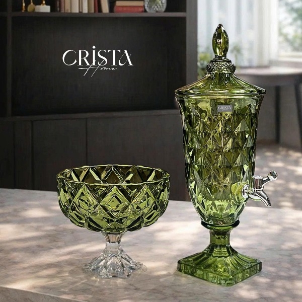 Bình nước thủy tinh Crista Home vân kim cương có vòi 2L màu xanh lá (60267-G)