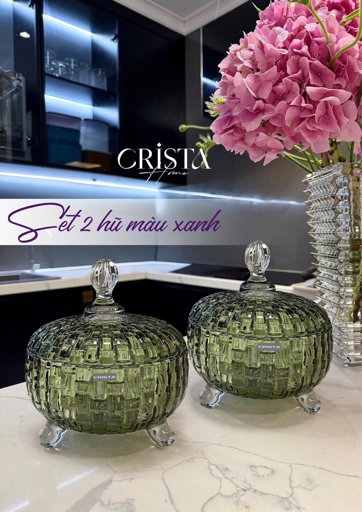 Set 2 hũ mứt Crista Home vân caro màu xanh lá (60205-G)