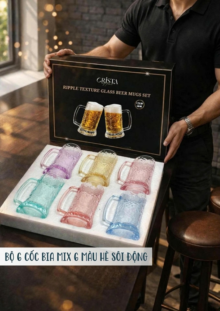 Bộ 6 cốc bia thuỷ tinh vân sóng nước có quai Crista Home 420ml mix màu (60247-MIX)