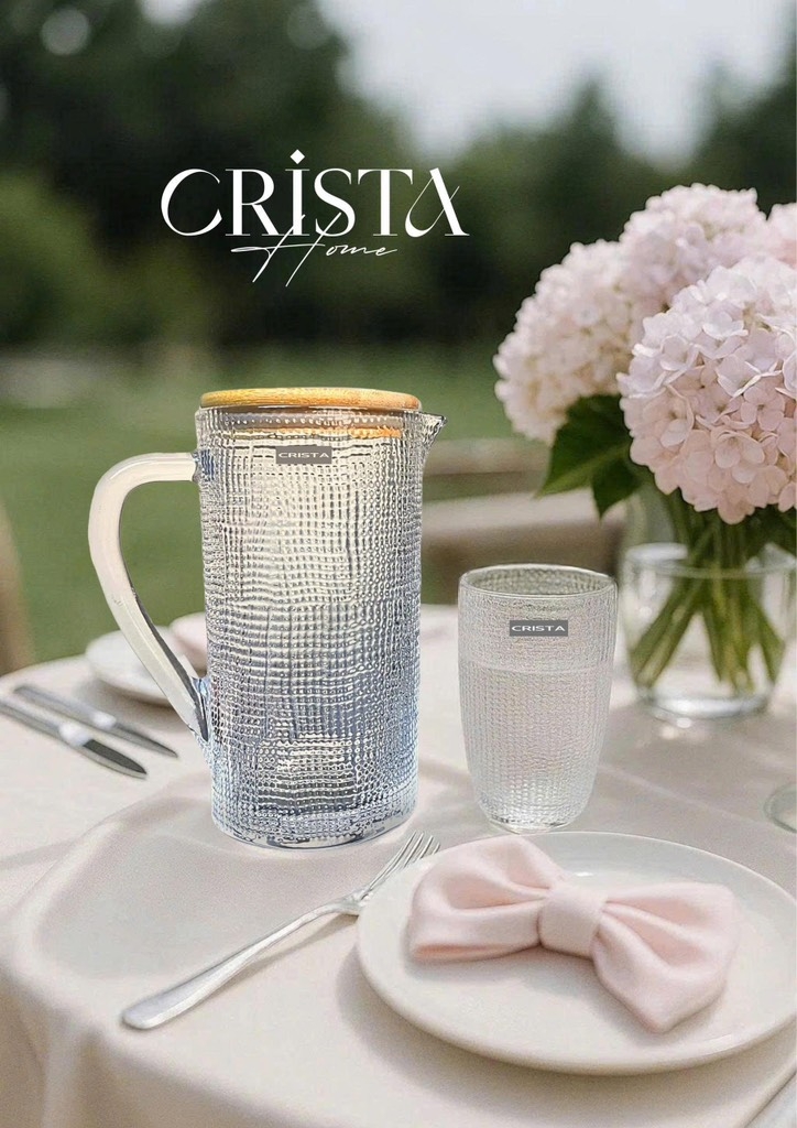 Bình thuỷ tinh Crista Home 1L hoạ tiết vân lưới màu trắng (60203-W)