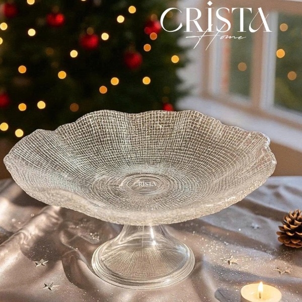 Chân bồng thuỷ tinh Crista Home vân lưới màu trắng 24cm (60206-W)