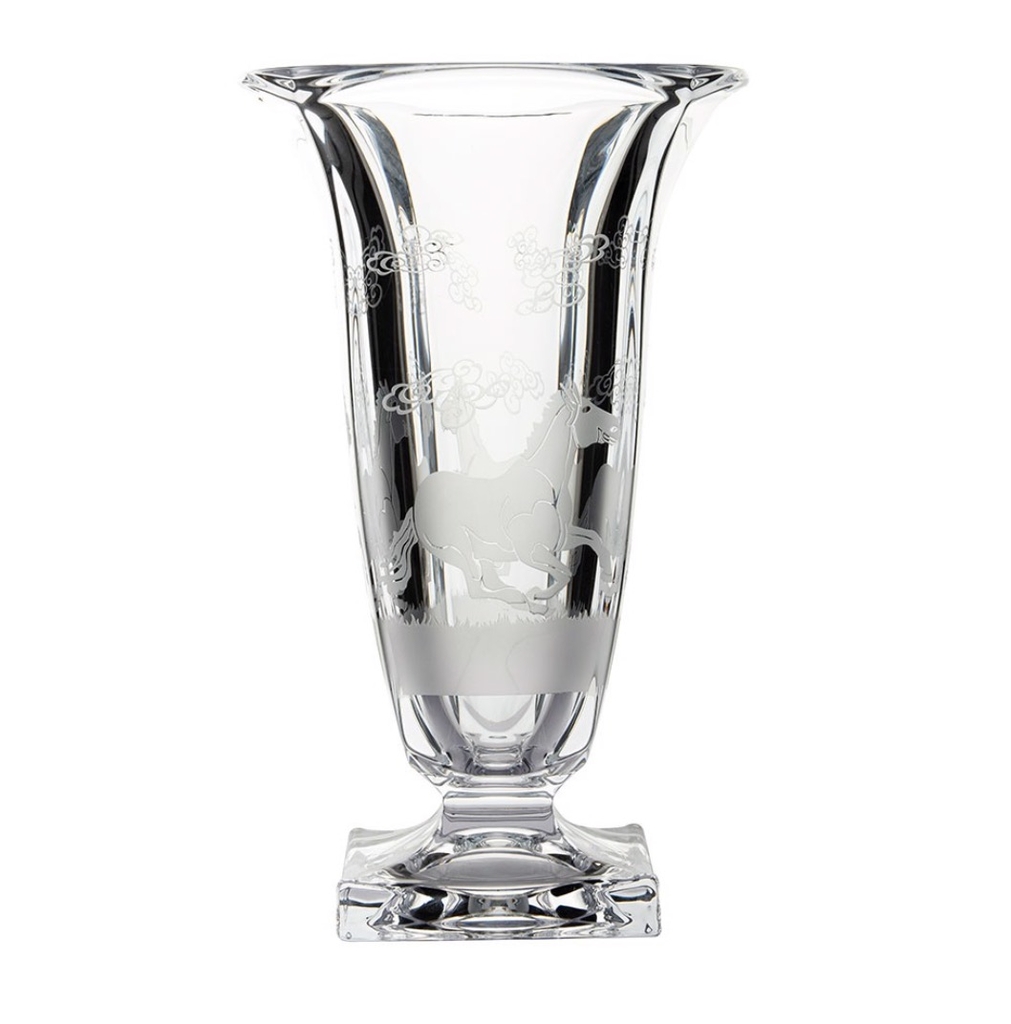 Lọ hoa pha lê Bohemia đế vuông khắc ngựa 33cm