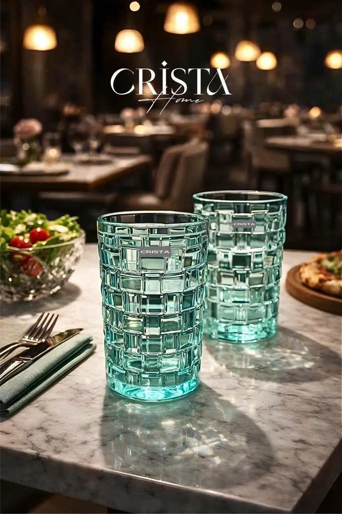 Bộ 6 cốc thuỷ tinh Crista Home hoạ tiết vân caro 350ml màu xanh ngọc (60223-MG)