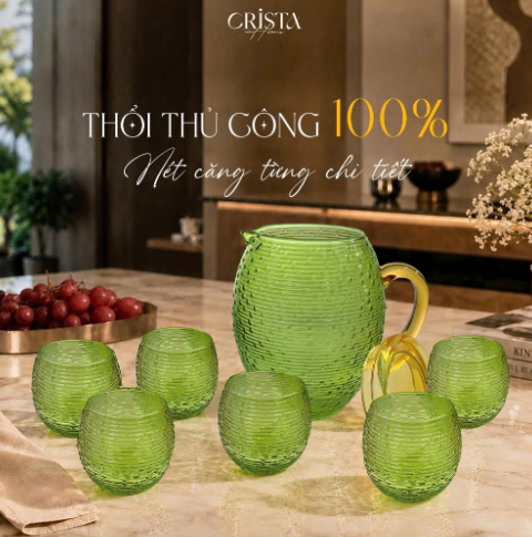 Bình thủy tinh Crista Home dáng bầu vân ngang 1.7L màu xanh lá (60255-G)