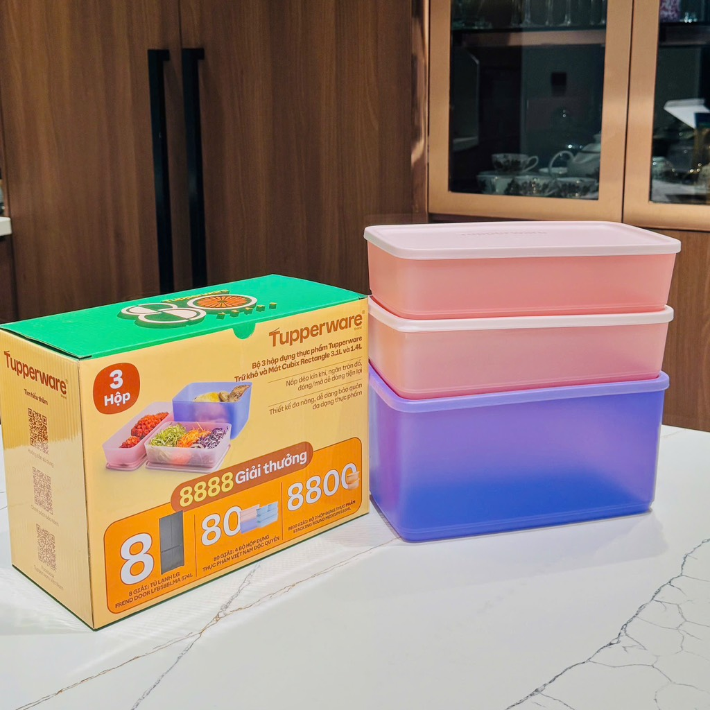Bộ 3 hộp đựng thực phẩm Tupperware trữ khô và mát Cubix Rectangle 3.1L & 1.4L (311185325)
