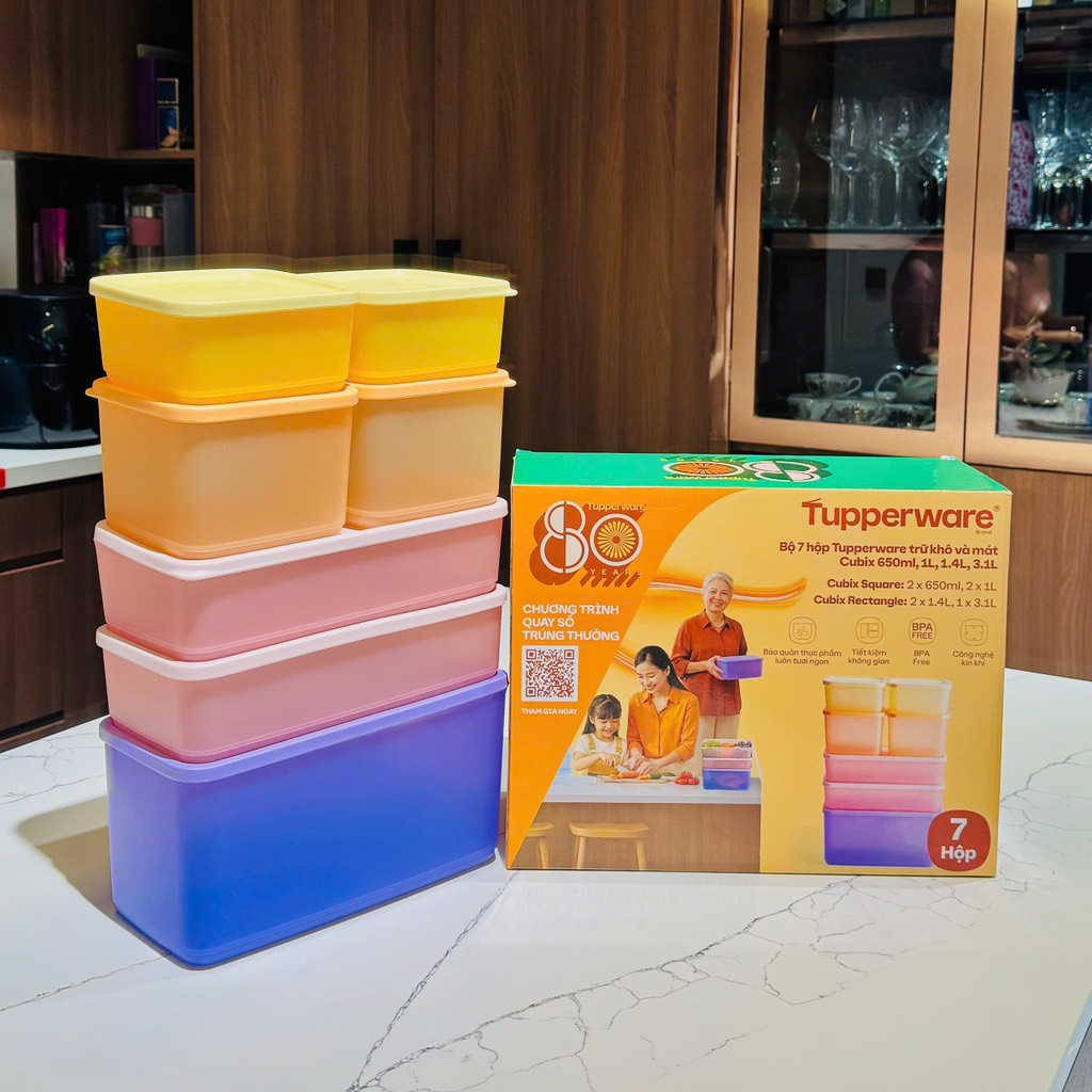 Bộ 7 hộp Tupperware trữ khô và mát Cubix 650ml, 1L, 1.4L, 3.1L (753255326)