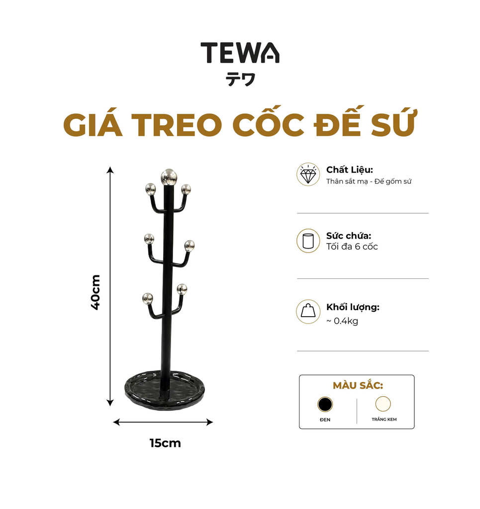 Giá treo cốc 6 móc đế tròn TEWA 40*15cm (80089-BL) màu đen