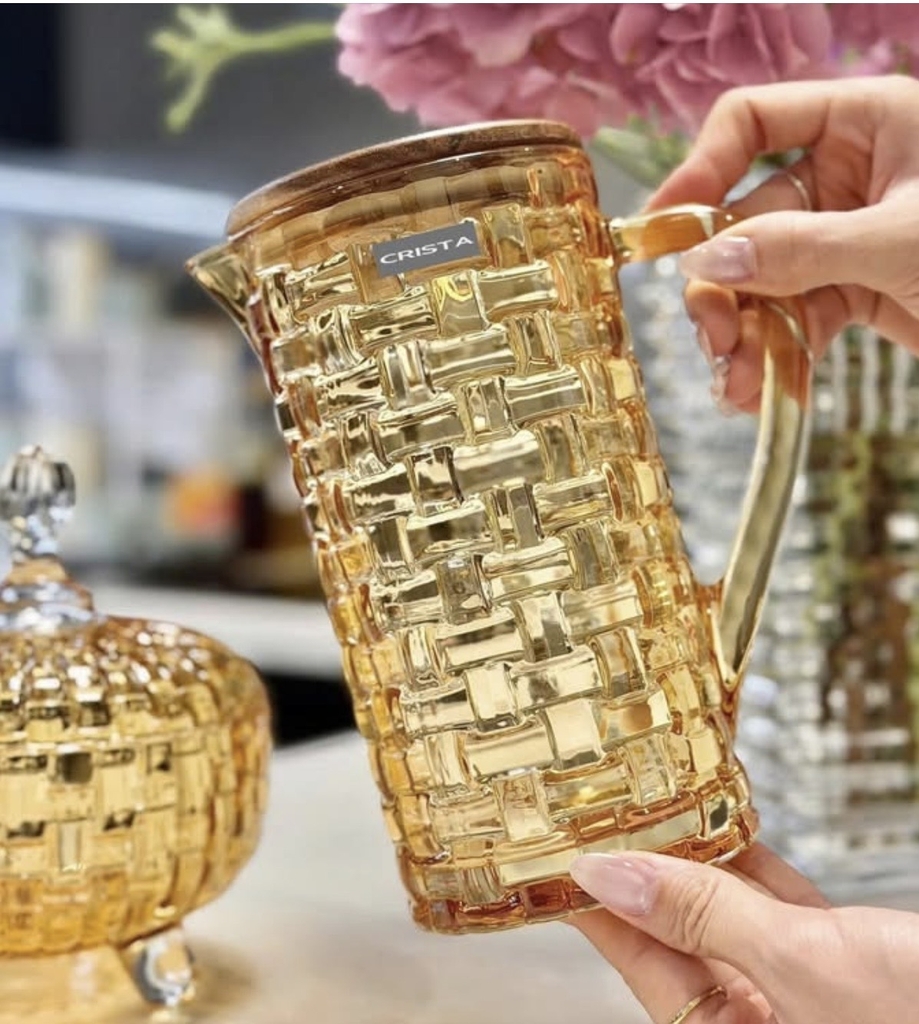 Bình thuỷ tinh Crista Home 1L hoạ tiết caro màu vàng (60202-Y)