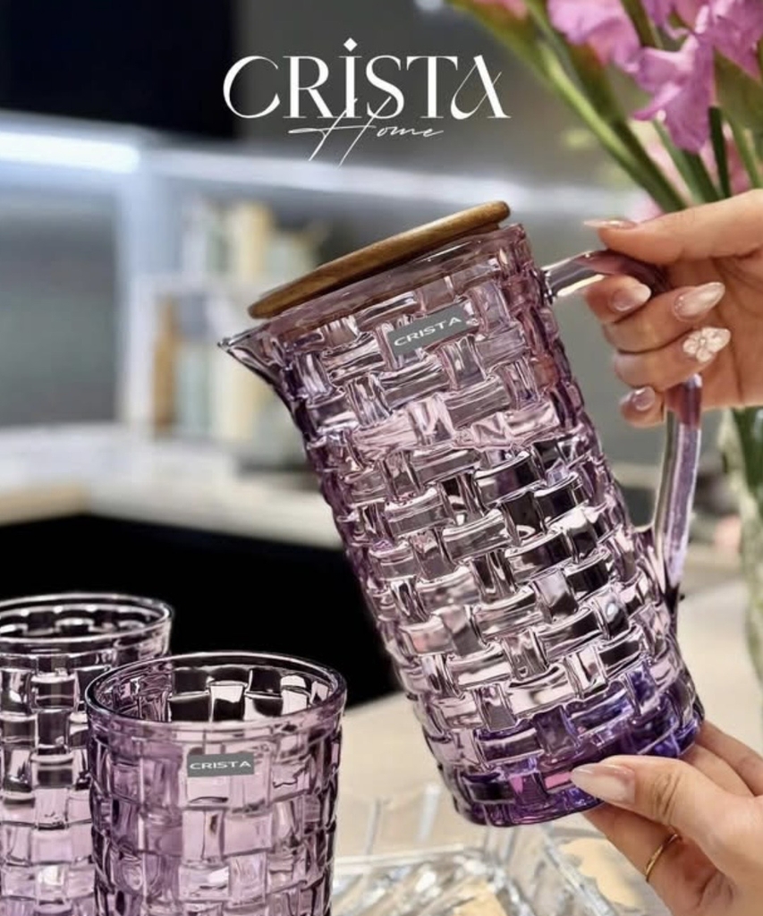 Bình thuỷ tinh Crista Home 1L hoạ tiết caro màu tím (60202-PU)