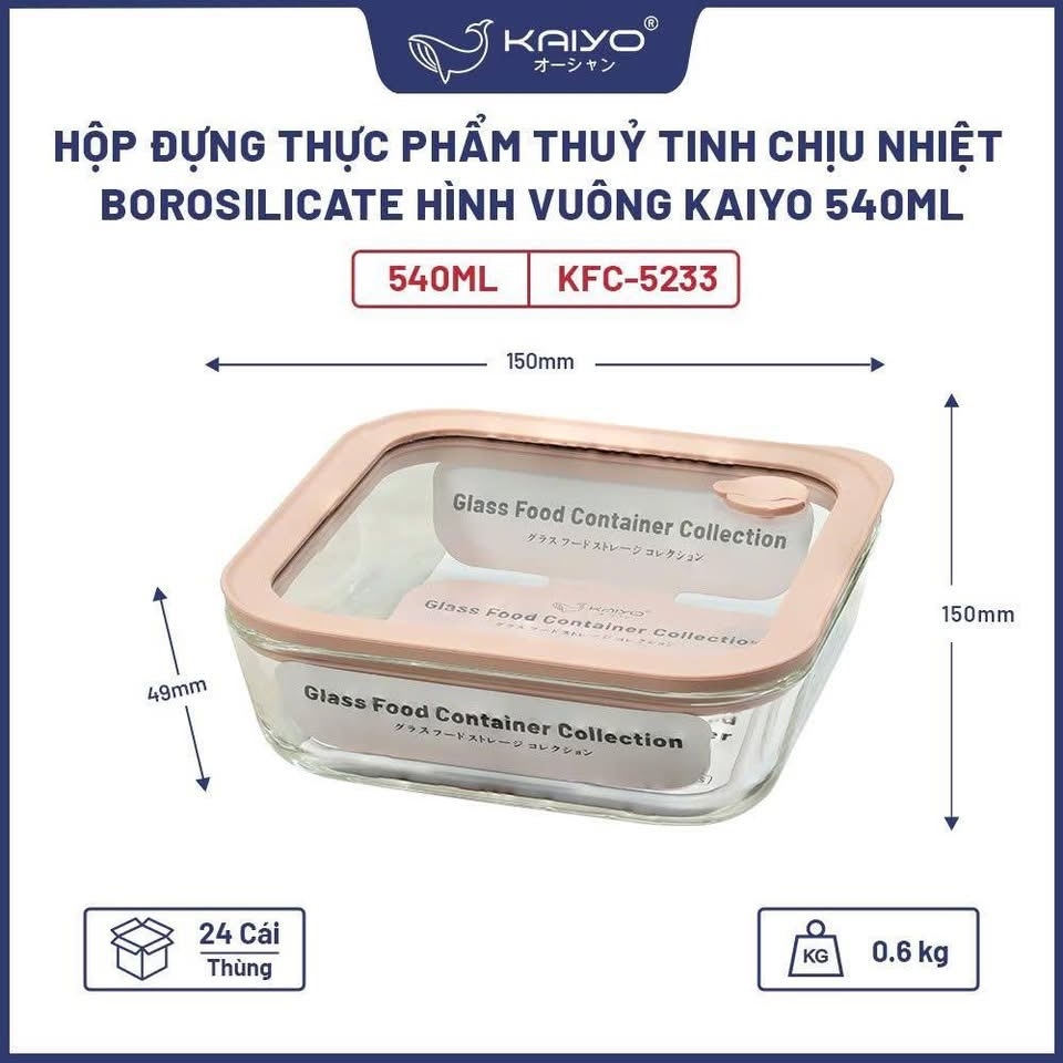 Hộp đựng thực phẩm thuỷ tinh Kaiyo vuông 540ml (KFC-5233)