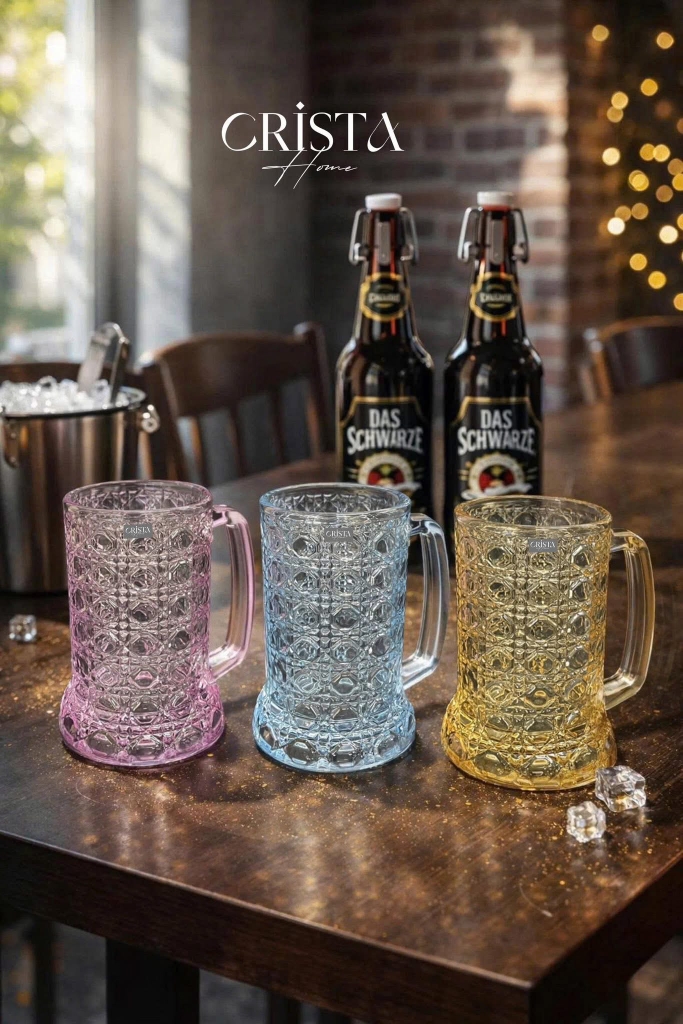 Bộ 6 cốc bia thuỷ tinh vân pha lê nổi có quai Crista Home 420ml mix màu (60246-MIX)