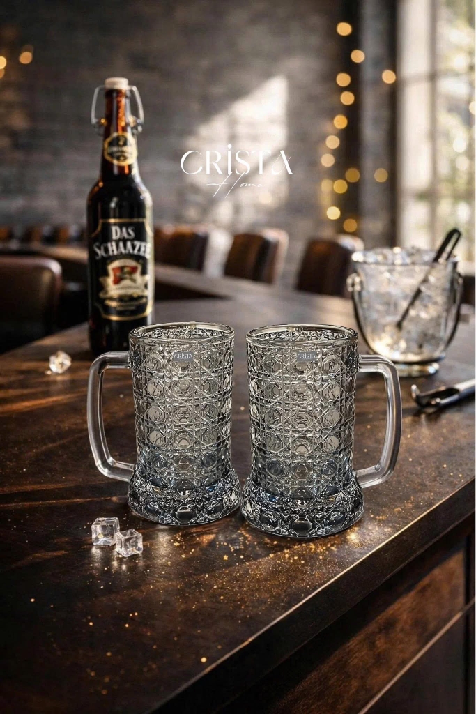 Bộ 6 cốc bia thuỷ tinh vân pha lê nổi có quai Crista Home 420ml màu xám (60246-GR)