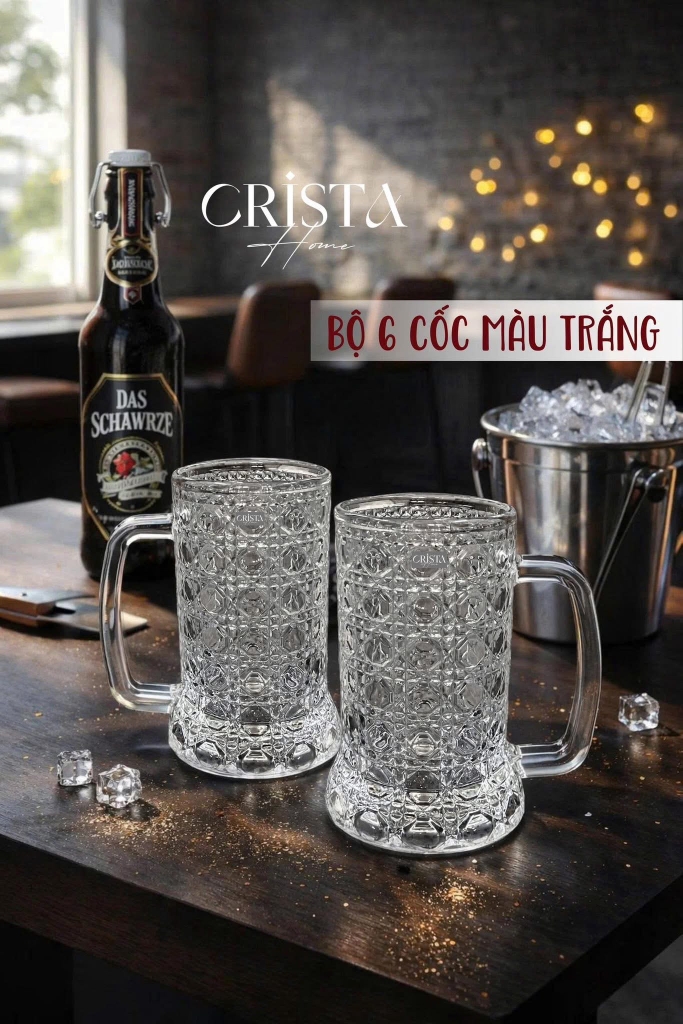 Bộ 6 cốc bia thuỷ tinh vân pha lê nổi có quai Crista Home 420ml màu trắng (60246-W)