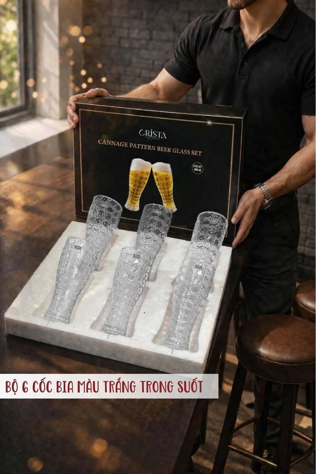 Bộ 6 cốc bia thuỷ tinh vân pha lê nổi Crista Home 440ml màu trắng (60245-W)