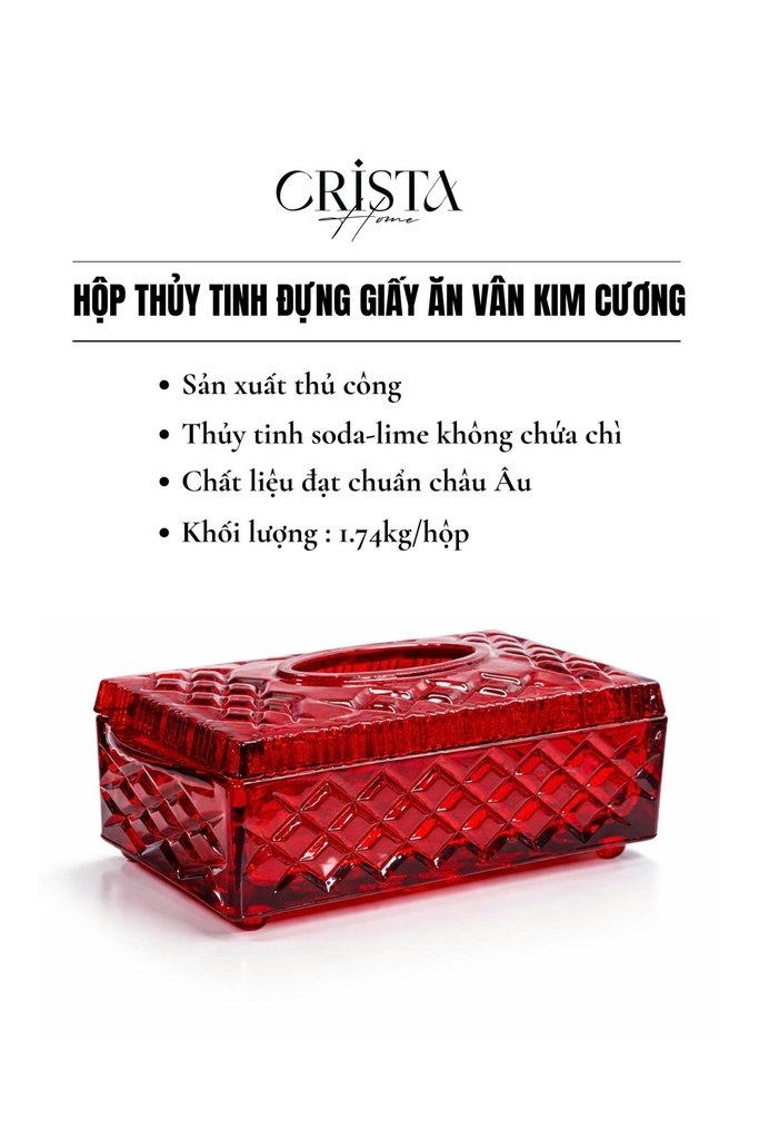 Hộp thủy tinh đựng giấy ăn vân kim cương Crista Home màu đỏ (60250-R)