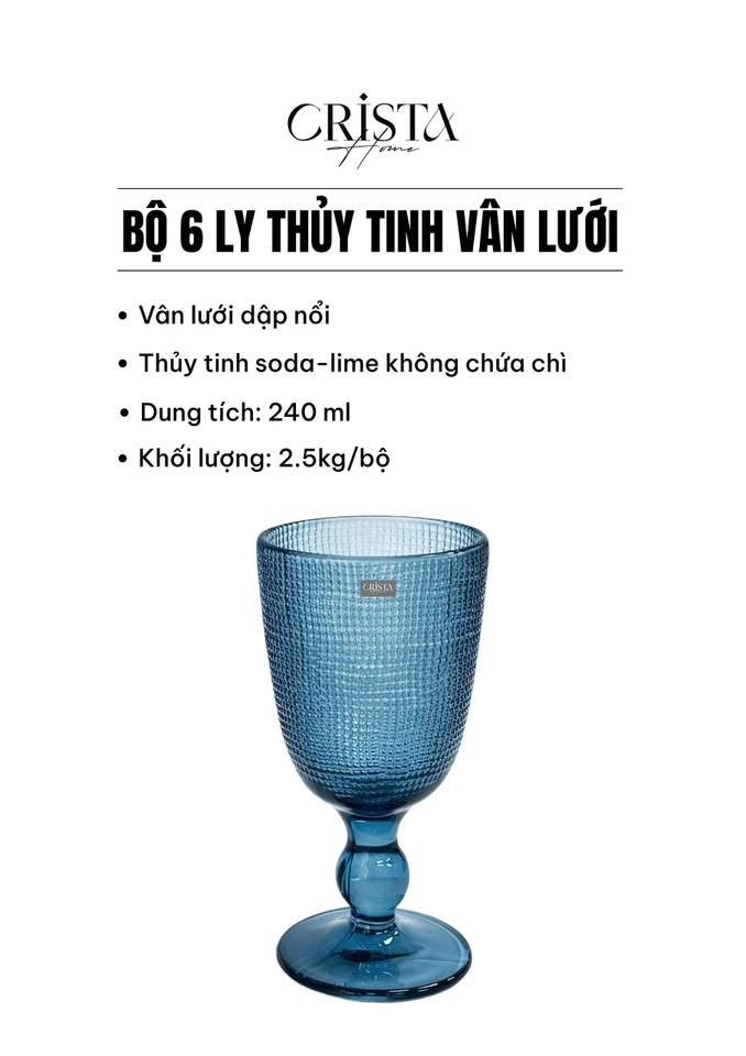 Set 6 ly thuỷ tinh Crista Home vân lưới màu xanh dương 240ml (60200-B)