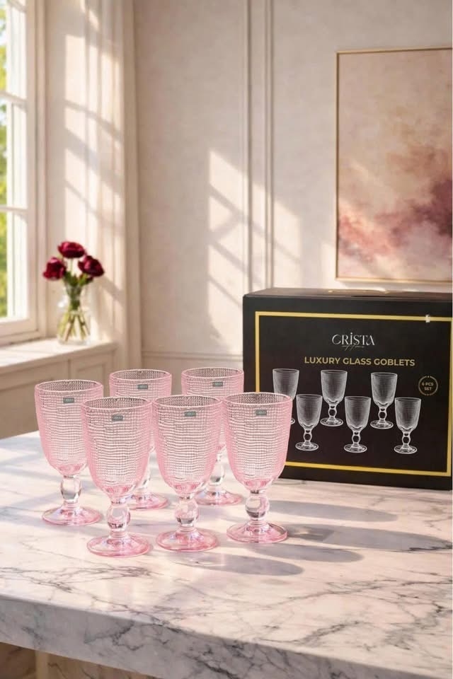 Set 6 ly thuỷ tinh Crista Home vân lưới màu hồng 240ml (60200-P)