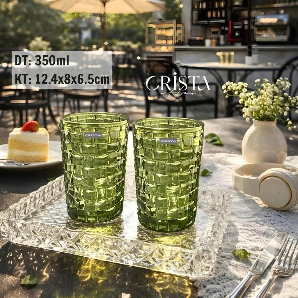 Bộ 6 cốc thuỷ tinh Crista Home hoạ tiết vân caro 350ml màu xanh lá (60223-G)