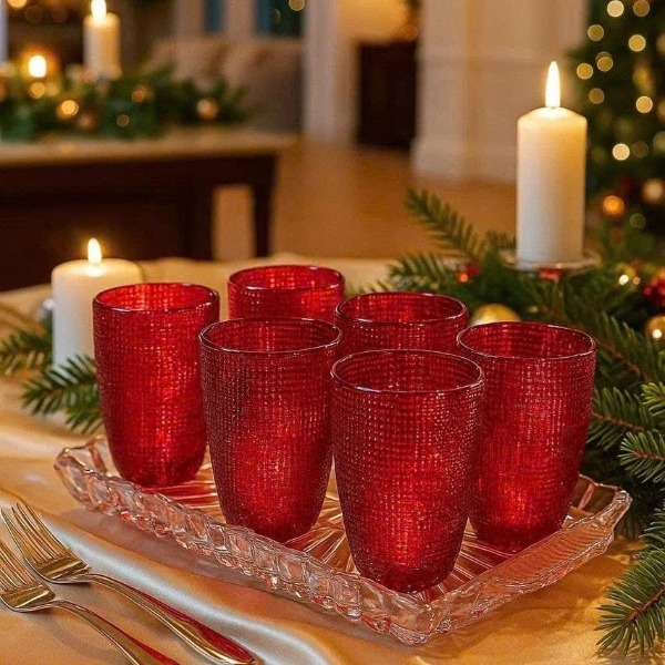 Bộ 6 cốc thủy tinh Crista Home họa tiết vân lưới 420ml đỏ (80052-R)