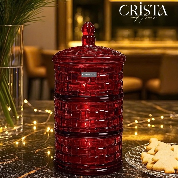 Hũ mứt 3 tầng Crista Home hoạ tiết caro màu đỏ (80044-R/ 60211-R)