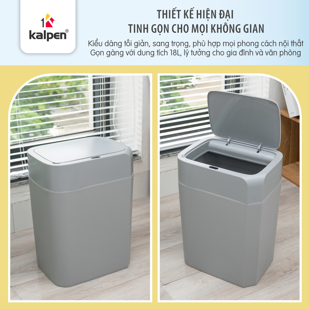 Thùng rác cảm ứng thông minh Kalpen 18L màu xám