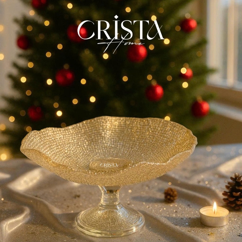 Chân bồng thuỷ tinh Crista Home vân lưới màu vàng 24cm (60206-SG)