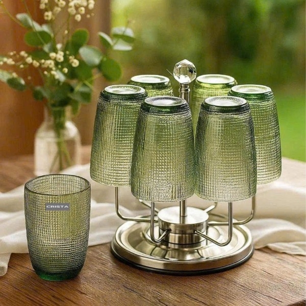 Bộ 6 cốc thủy tinh Crista Home họa tiết vân lưới 420ml xanh lá (80052-G)