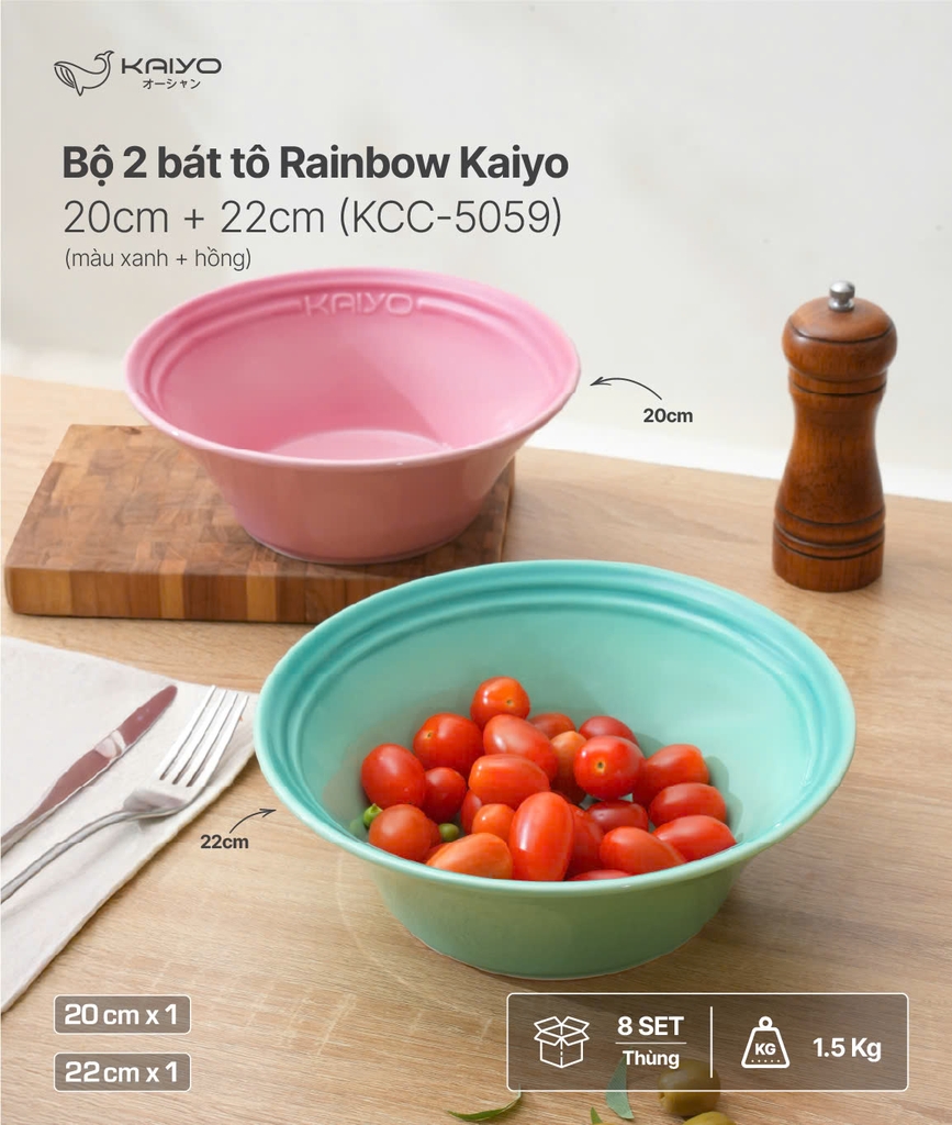 Set 2 bát tô sứ Rainbowl Kaiyo, size 20,22cm màu xanh, hồng (KCC-5059)