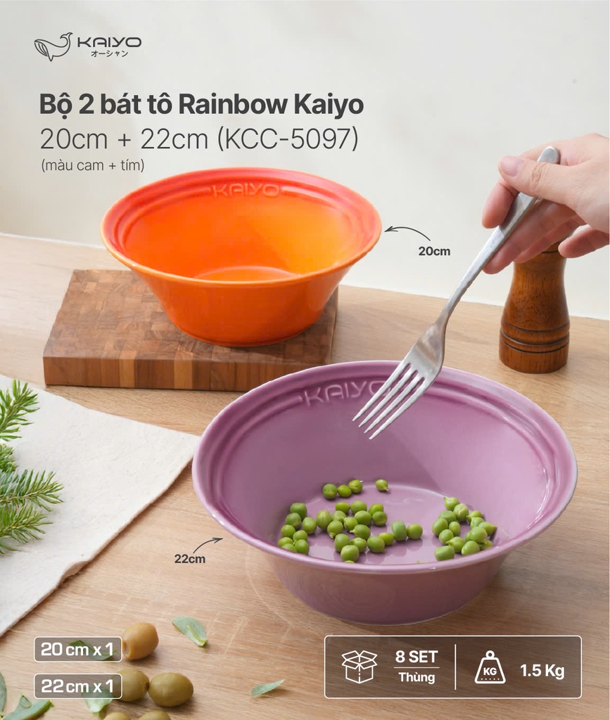 Set 2 bát tô sứ Rainbowl Kaiyo, size 20,22cm màu cam, tím (KCC-5097)