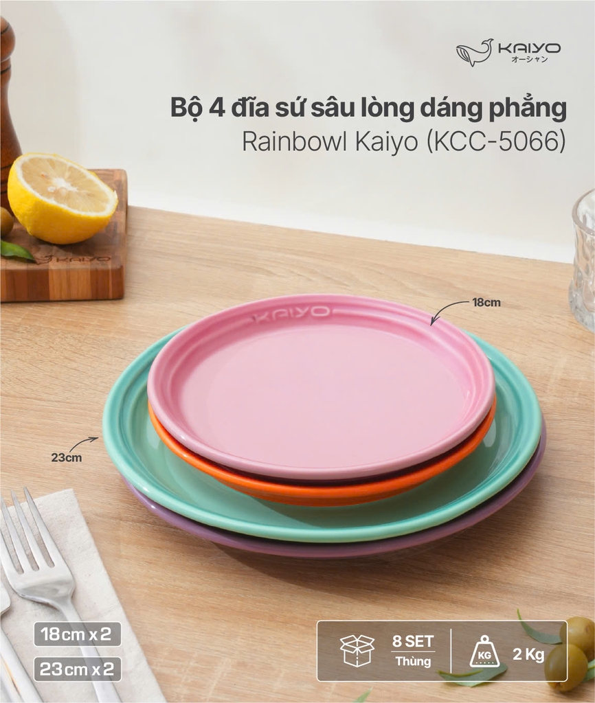 Set 4 đĩa sứ dáng phẳng Rainbowl Kaiyo, size 18,23 cm (KCC-5066)