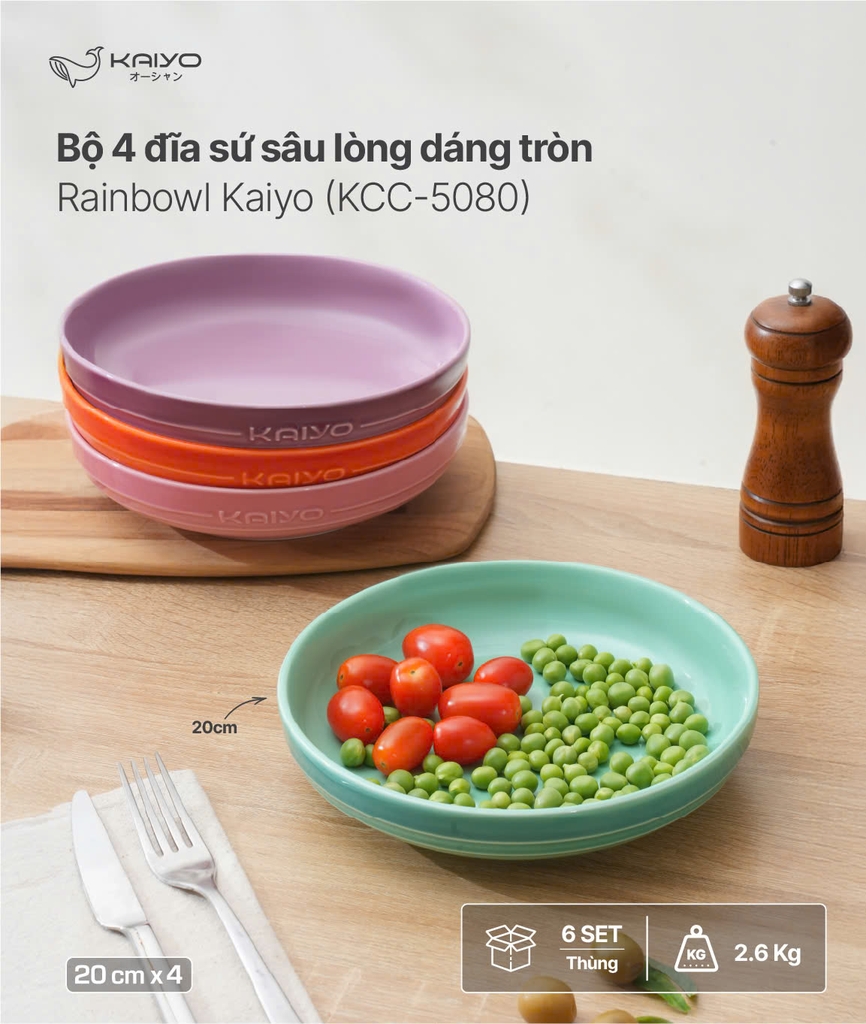 Set 4 đĩa sứ sâu lòng dáng tròn Rainbowl Kaiyo. size 20cm (KCC-5080)