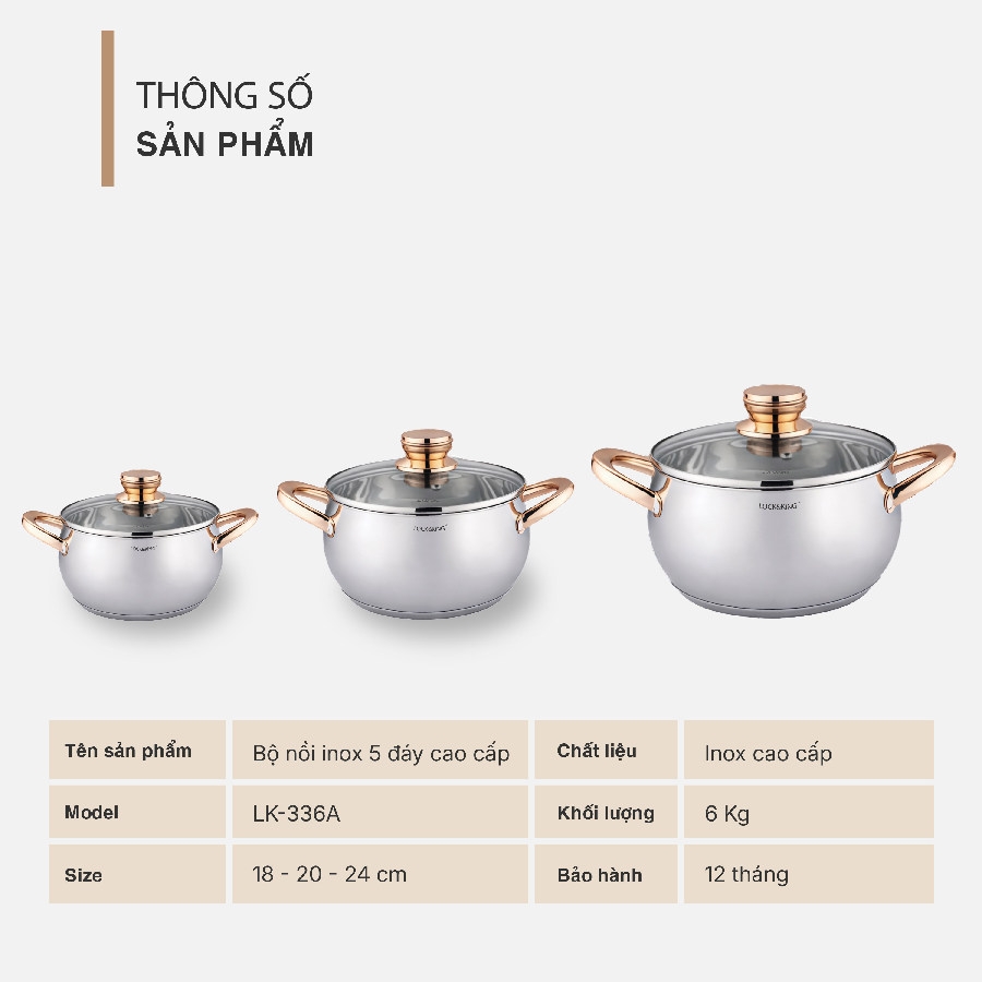 Bộ nồi inox 5 đáy 3 món Lock&King (LK-336A)