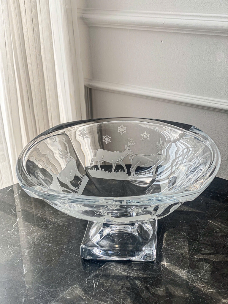Mâm bồng pha lê Bohemia chân đế vuông mài hoạ tiết 34cm