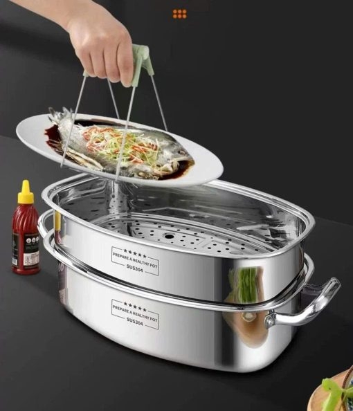 Nồi hấp cá hai tầng N718 kèm nắp thủy tinh 37cm, inox 304, model: NK-AL718ZG