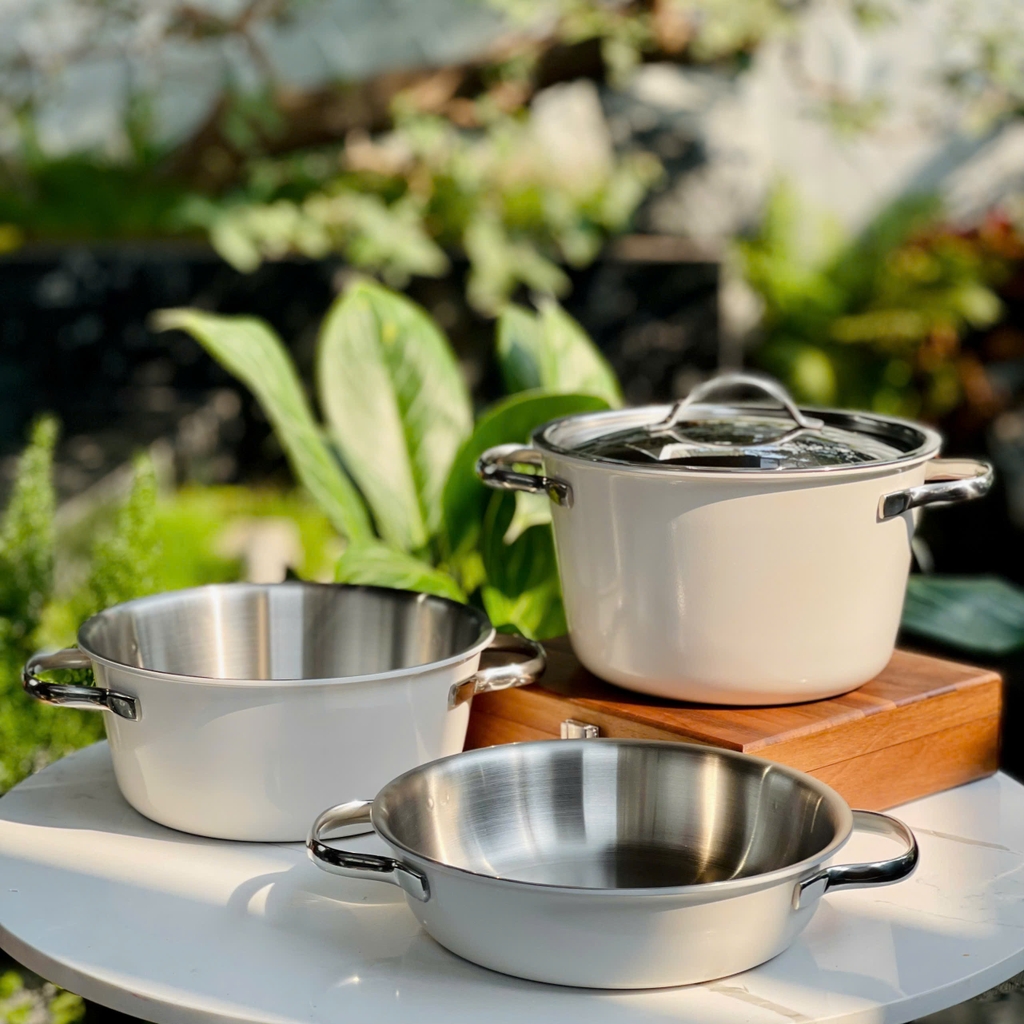 Bộ nồi chảo inox 5 lớp nguyên khối Edelkochen Chak Chak collection 18cm - màu Eco Cream