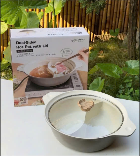 Nồi lẩu nhôm đúc nguyên khối 2 ngăn Kaiyo 26cm có nắp kính