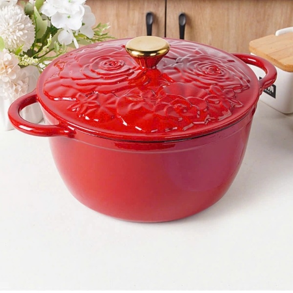 Nồi gang Happiness họa tiết hoa hồng nổi 3D 25cm màu đỏ