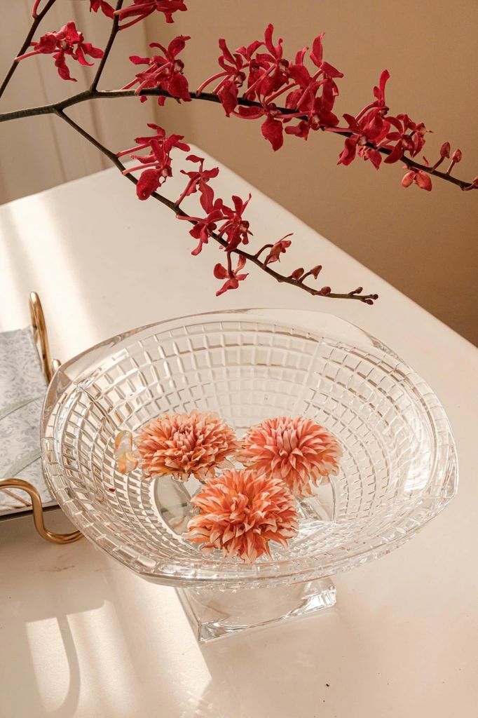 Mâm bồng pha lê chân đế vuông kẻ caro 34cm