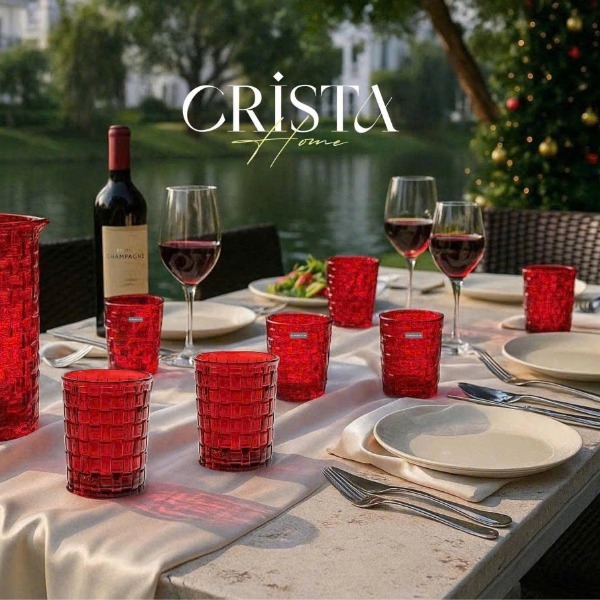 Bộ 6 cốc thủy tinh Crista Home họa tiết vân caro 280ml đỏ (60201-R)